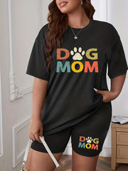 Women's Plus Size Dog Footprint & Letter Print Tee & Shorts Outfits 2pcs Set