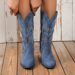 Women's Retro Western Boots Embroidered V-cut Mid Calf Boots