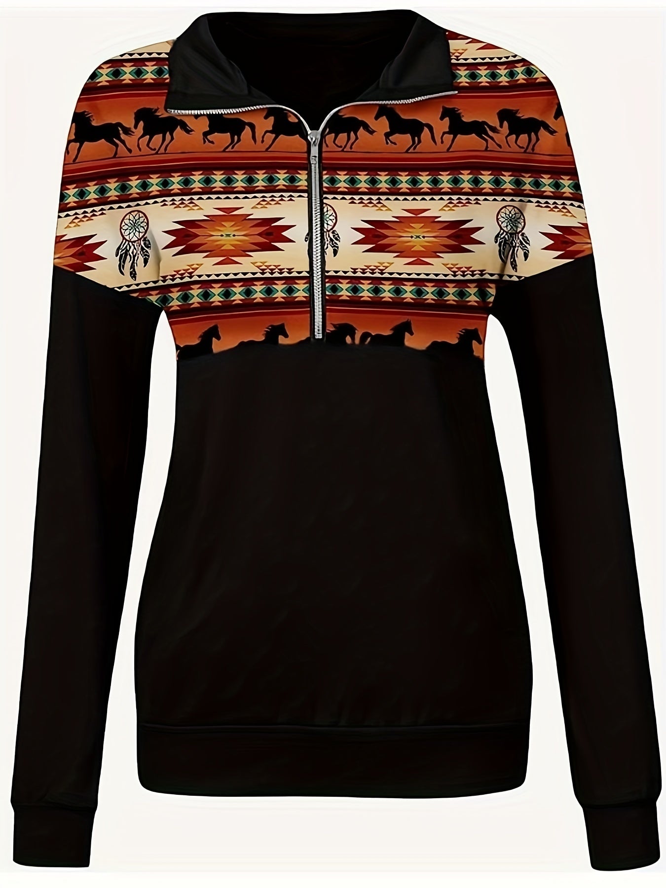 Boho Knit Top Women's Plus Colorblock Graphic Print Zipper Long Sleeve