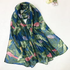 Green Voile Scarf Rainforest Bird Print Boho Shawl Head Wrap Bandana