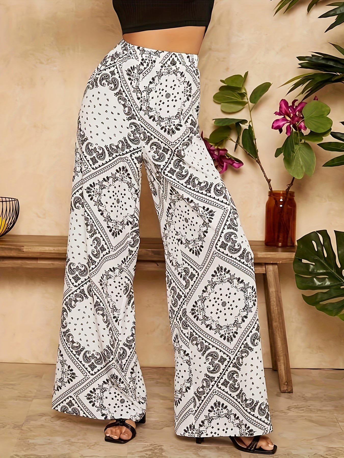 Paisley Scarf Print Wide Leg Pants High Waist