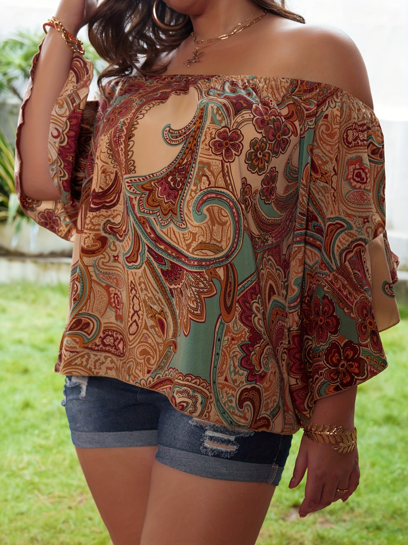 Women's Plus Paisley Print Off Shoulder Summer Top
