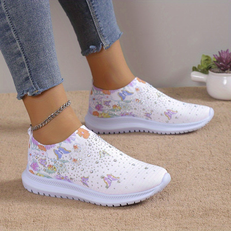 Women's Rhinestone Sock Shoes Butterfly & Floral Print Knit Running Shoes