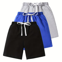 3pcs Boys Solid Cotton Shorts Quick drying Drawstring Shorts