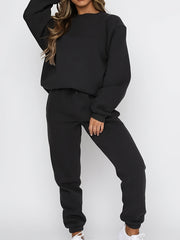 2pcs Solid Suits Crew Neck Sweatshirt & Drawstring High Waist