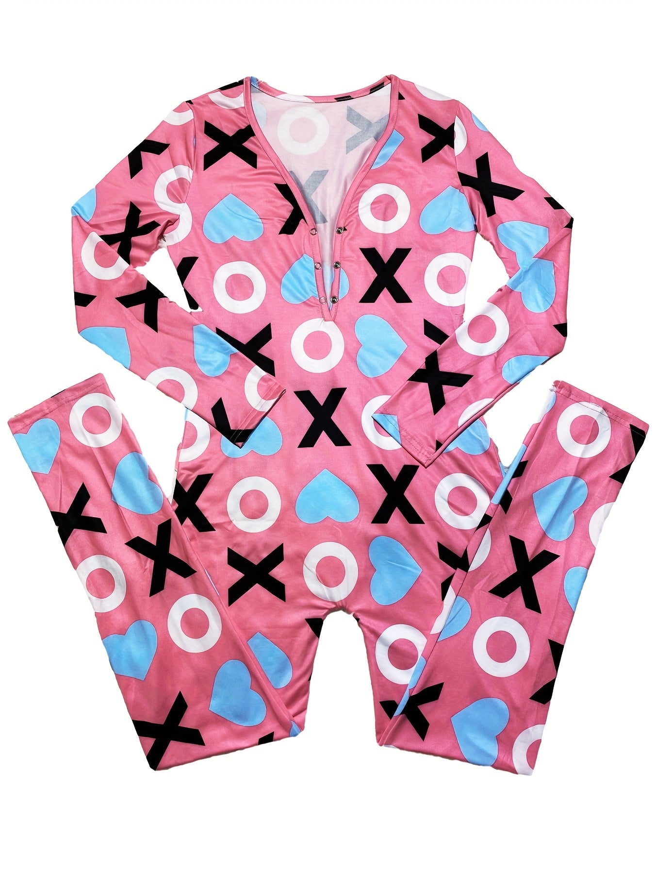 Heart Print Lounge Jumpsuit Long Sleeve V Neck Buttons Romper Women's Loungewear