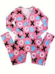 Heart Print Lounge Jumpsuit Long Sleeve V Neck Buttons Romper Women's Loungewear