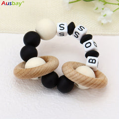 Personalized Wooden Teether Ring with Silicone Beads