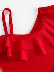 Girls One Piece Swimsuit Waist Cut Out Ruffle Decor