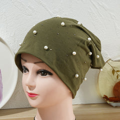 Women's Faux Pearl Beanie Warm Earmuff Stretch Headgear Head Scarf Hat Cap
