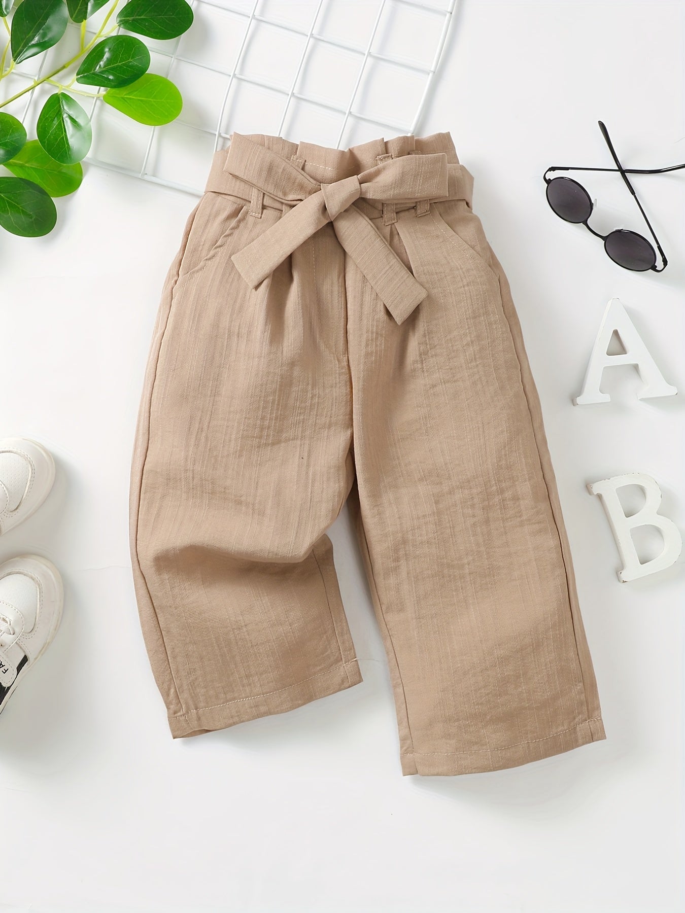 Kid Girls Khaki Cotton Linen Wide Leg Cropped Pants