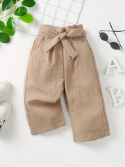 Kid Girls Khaki Cotton Linen Wide Leg Cropped Pants
