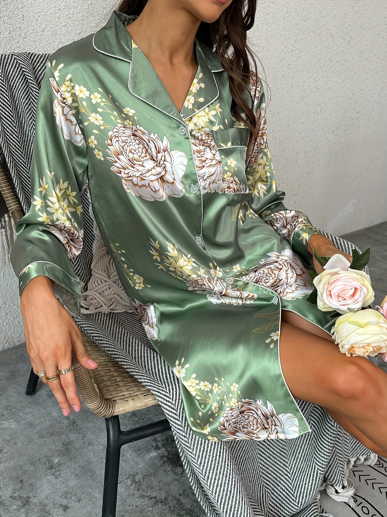 Floral Print Nightdress Long Sleeve Sleep Dress Women's Sleepwear