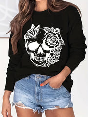 Rose Skull Print Loose Sweatshirt Casual Long Sleeve Crew Neck Women's Clothing