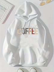 Coffee Print Kangaroo Pocket Hoodie Casual Long Sleeve Drawstring Hoodies