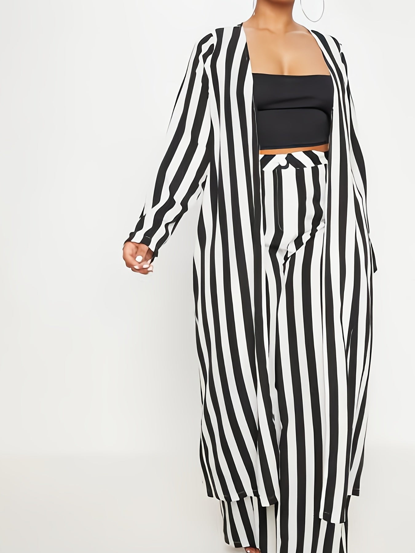 Women's Plus Stripe Print Cardigan & Wide Leg Pants Outfit Set