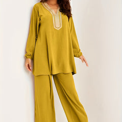 Applique Lantern Sleeve V Neck Belted Tunic Top & Wide Leg Pants Set