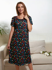 Heart Print Lounge Dress Short Sleeve Crew Neck Women's Loungewear