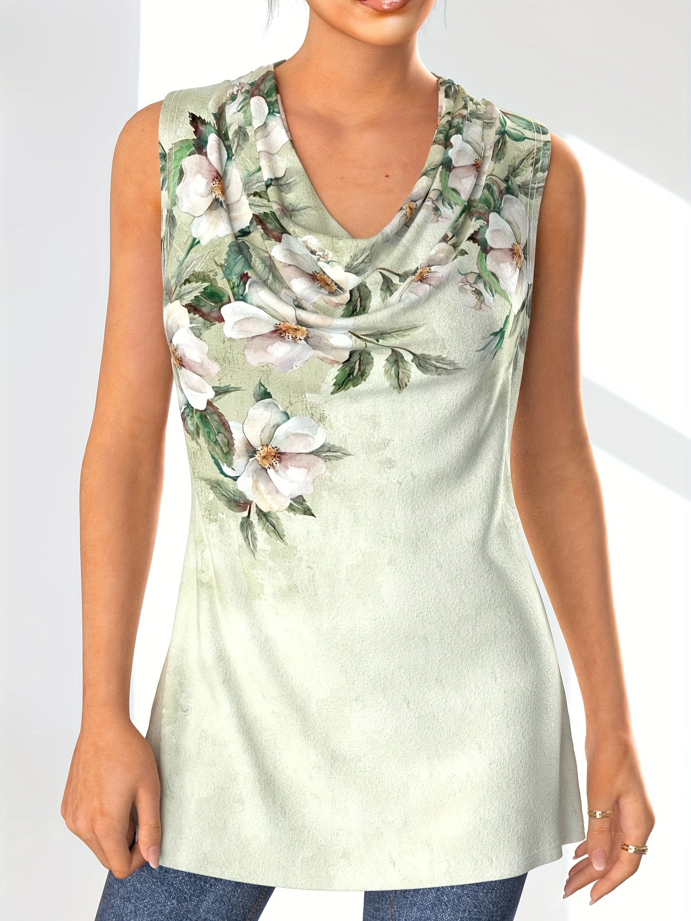 Women's Plus Floral Print Cowl Neck Tank Top & Long Sleeve Coat 2 Piece Set