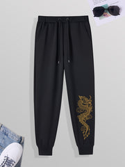 Men's Dragon Print Casual Sweatpants with Drawstring Pocket