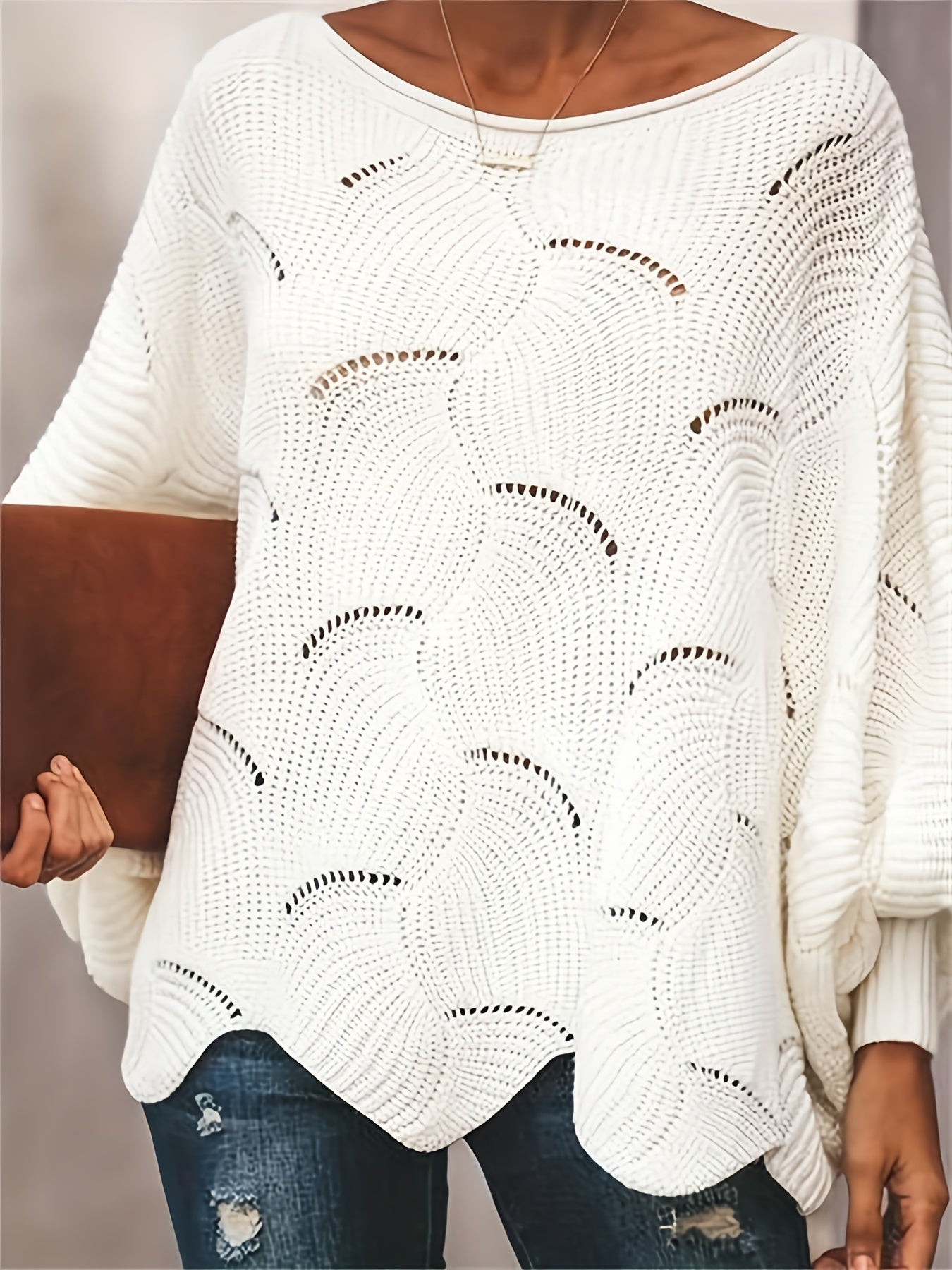 Solid Hollow Out Bat Sleeve Casual Sweater