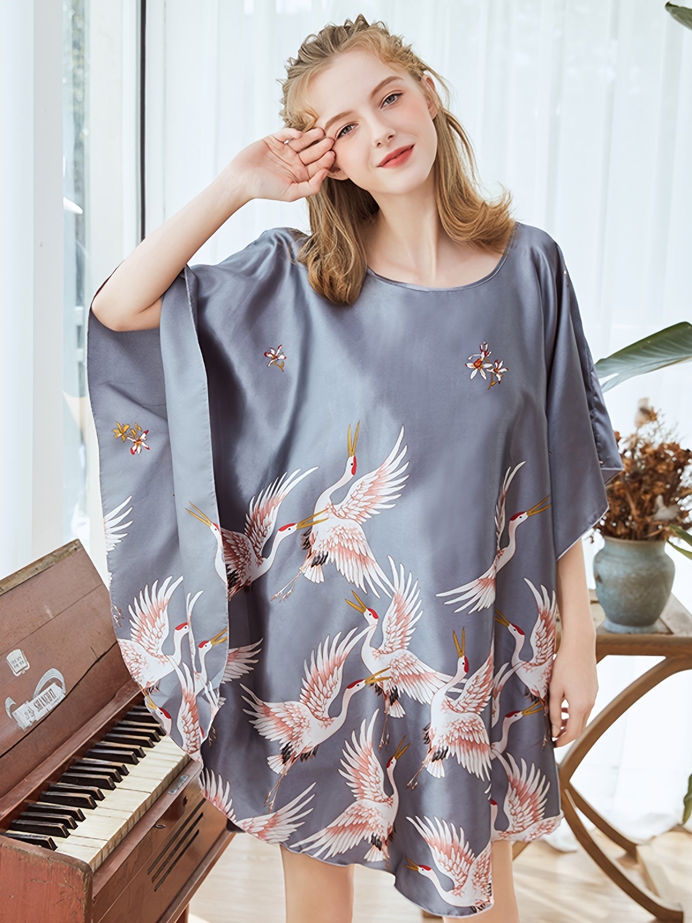 Crane Print Satin NightDress Batwing Sleeve Crew Neck Loose Pajama Dress Women's