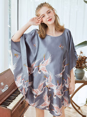 Crane Print Satin NightDress Batwing Sleeve Crew Neck Loose Pajama Dress Women's