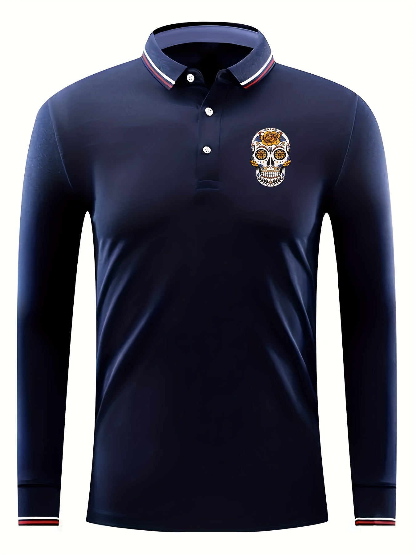 Skull Pattern Men's Long Sleeve Polo Shirt