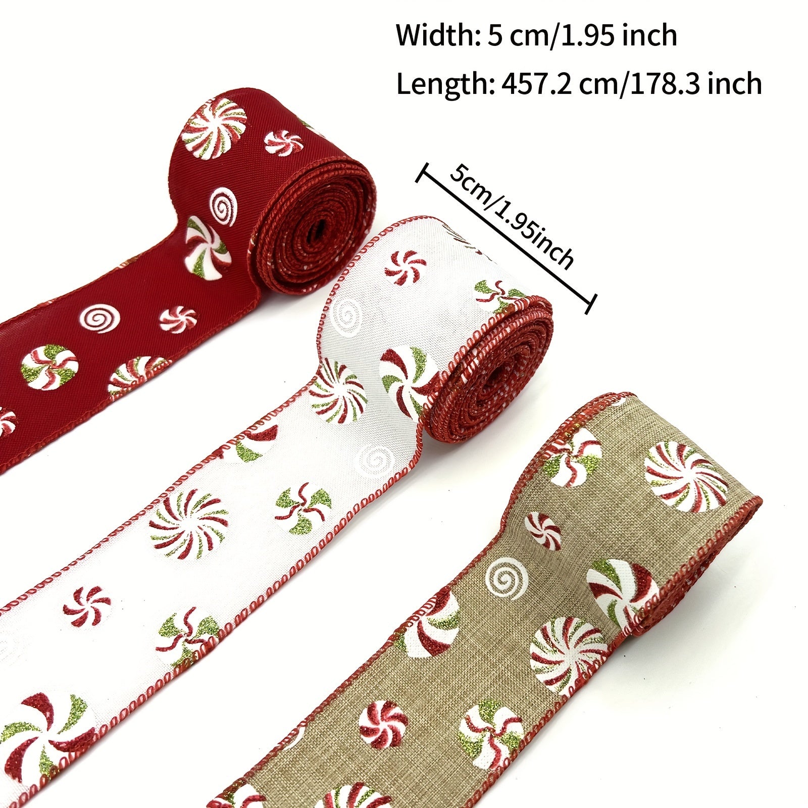 Christmas Ribbons Candy Wired Edge Ribbon Peppermints Pattern DIY Crafts Wreath