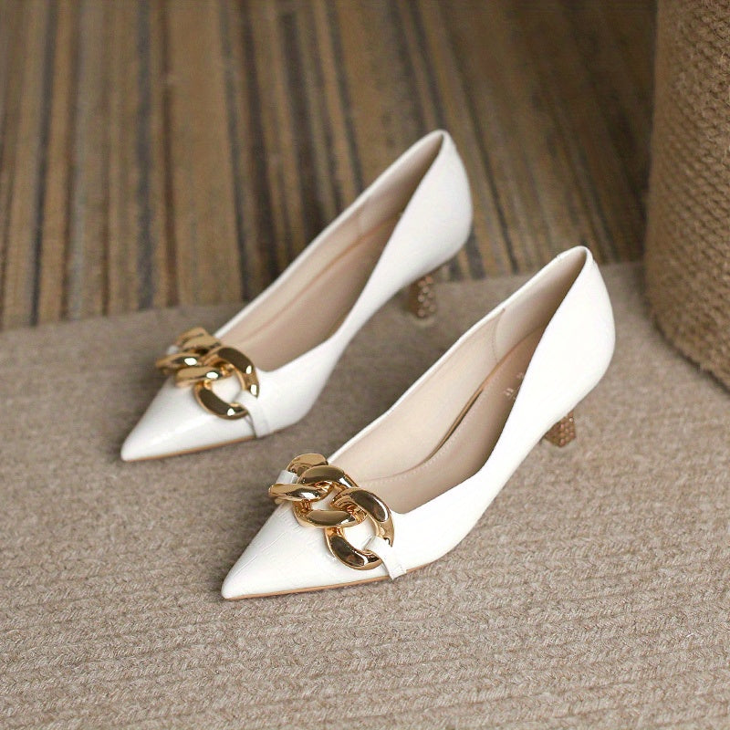 Chain Decor Pointed Toe Pumps Slip On Mid Heels