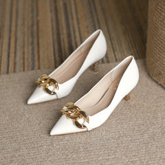 Chain Decor Pointed Toe Pumps Slip On Mid Heels