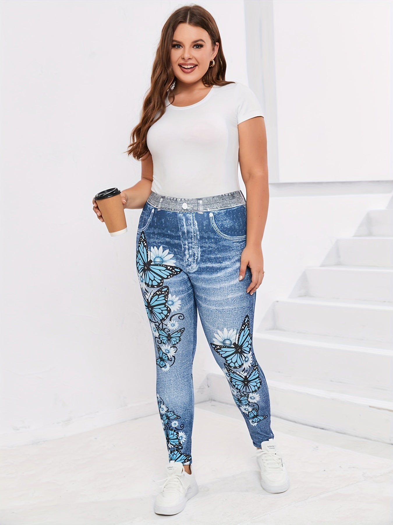 Butterfly & Denim Print High Stretch Leggings