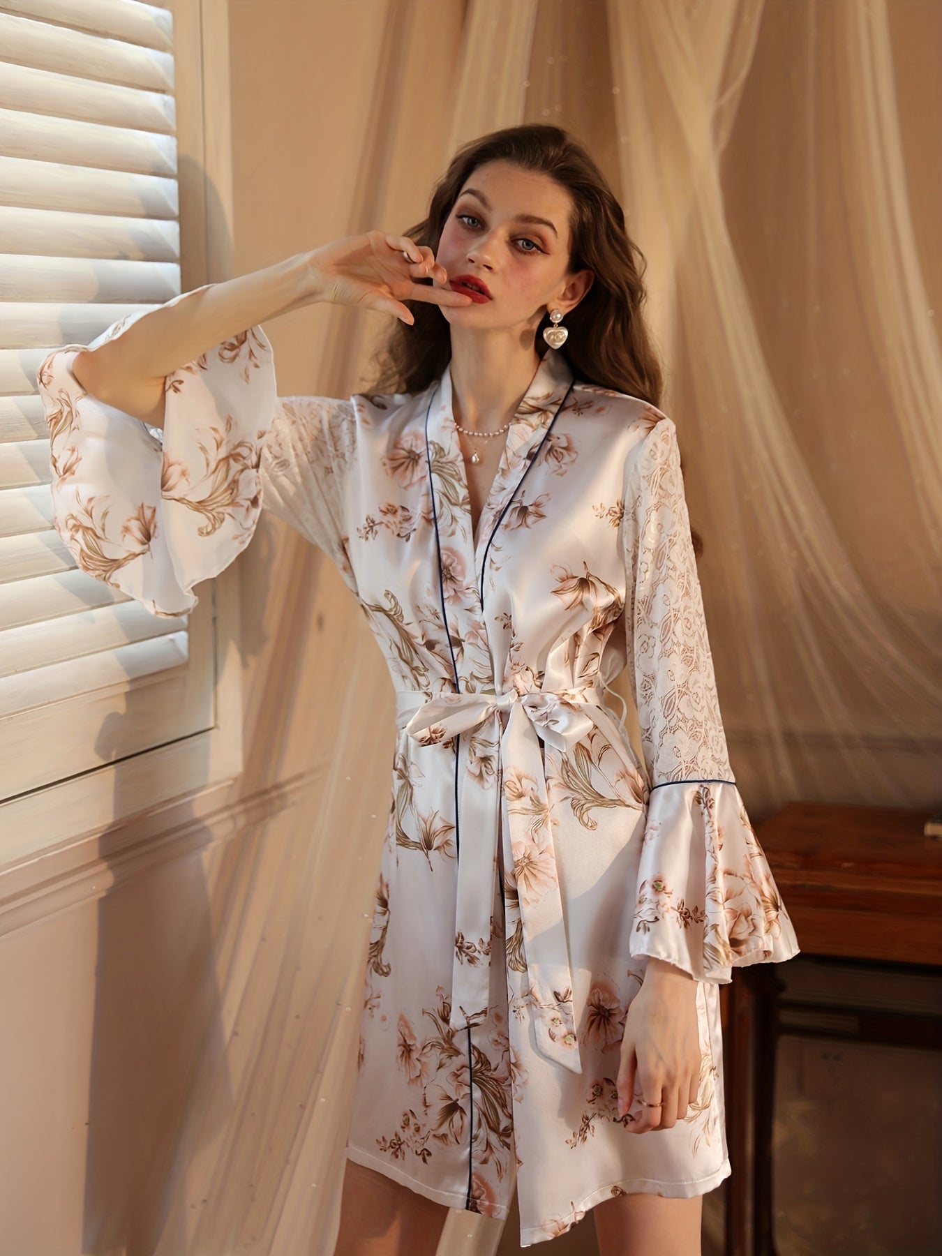 Floral Print Satin Night Robe Lace Sleeve V Neck House Robe Women's Sleepwear