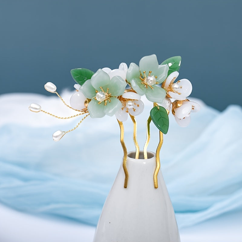 Green Glass Flower Leaves Crystal Faux Pearl Hair Comb Vintage Bridal Jewelry