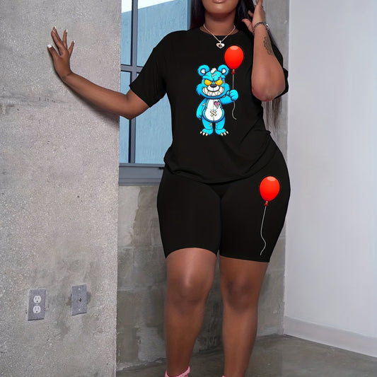 Women's Plus Balloon & Bear Print Top & Shorts Set