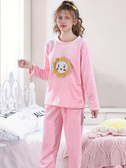 Girl's Flannel Pajamas Set Cartoon Graphic Top & Pants