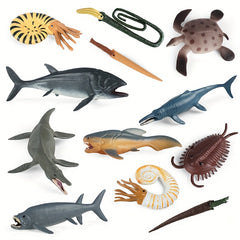 12pcs Prehistoric Animal Models: Sea Turtles, Leeds Fish, Taiman Fish, D