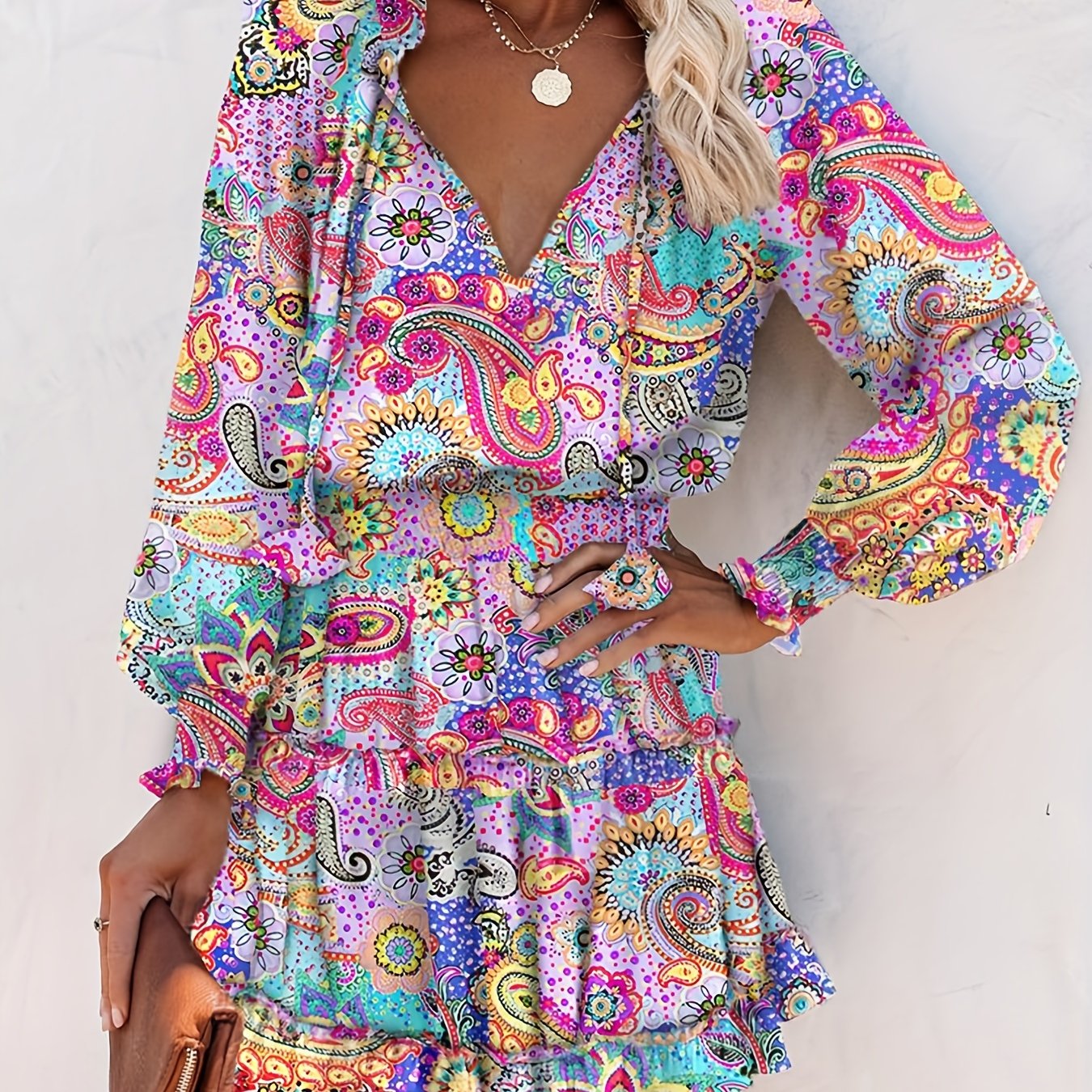 Paisley Print Mini Dress Long Sleeve Casual Dress