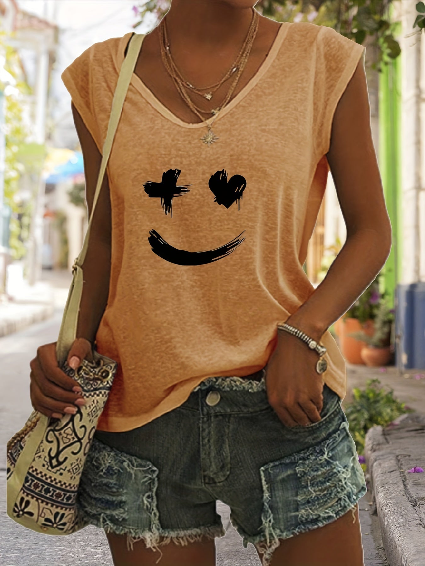 Smile Print V Neck Tank Top Women's Sleeveless Casual Summer Tank