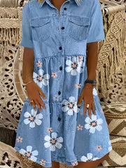 Floral & Denim Print Short Sleeve Button Front Smock Dress