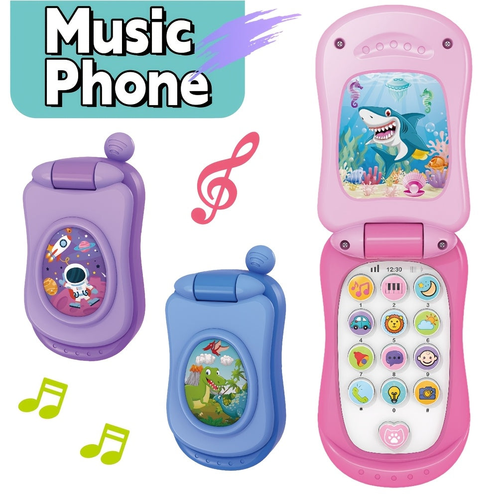Interactive Cartoon Music Flip Phone Toy for Ages 3 in Purple Pink