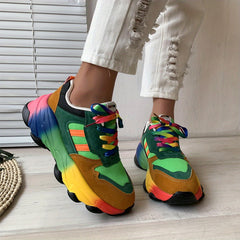 Women's Rainbow Chunky Sneakers Lace-Up Low Top Sports Shoes