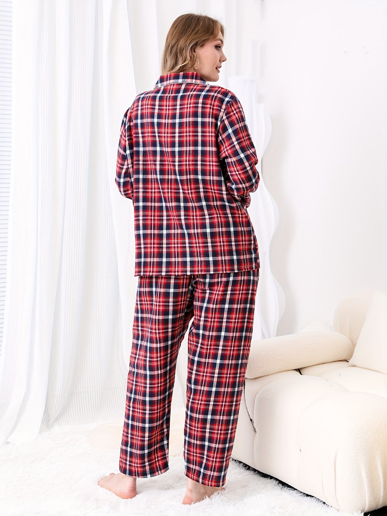 Women's Plus Plaid Pajamas Set Long Sleeve Button Shirt & Pants Loungewear