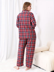 Women's Plus Plaid Pajamas Set Long Sleeve Button Shirt & Pants Loungewear