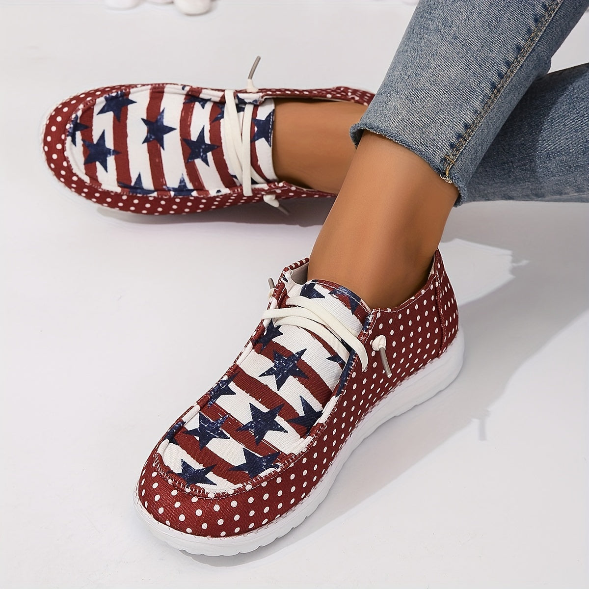 Women's Polka Dot & Star Pattern Canvas Shoes Casual Lace Up Outdoor Shoes