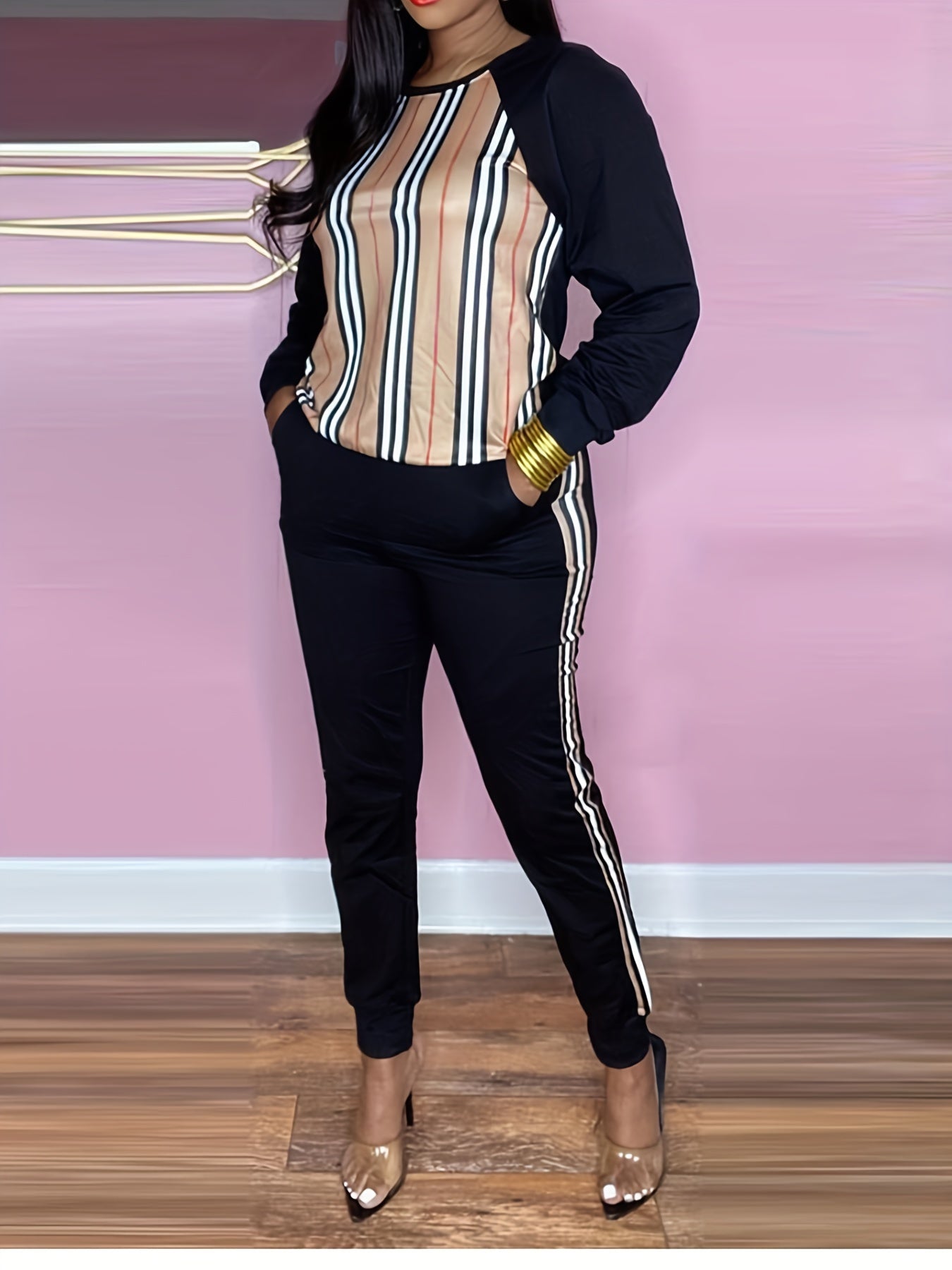 Women's Plus Striped Print Raglan Sleeve Top & Joggers Set