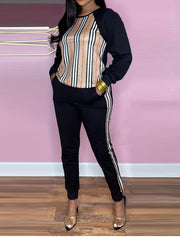 Women's Plus Striped Print Raglan Sleeve Top & Joggers Set