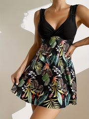 Tropical Print Tankini Set V Neck Boxer Shorts Swimsuit