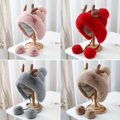 Plush Reindeer Antlers Winter Hat Fleece Lined Thickened Knitted Hat