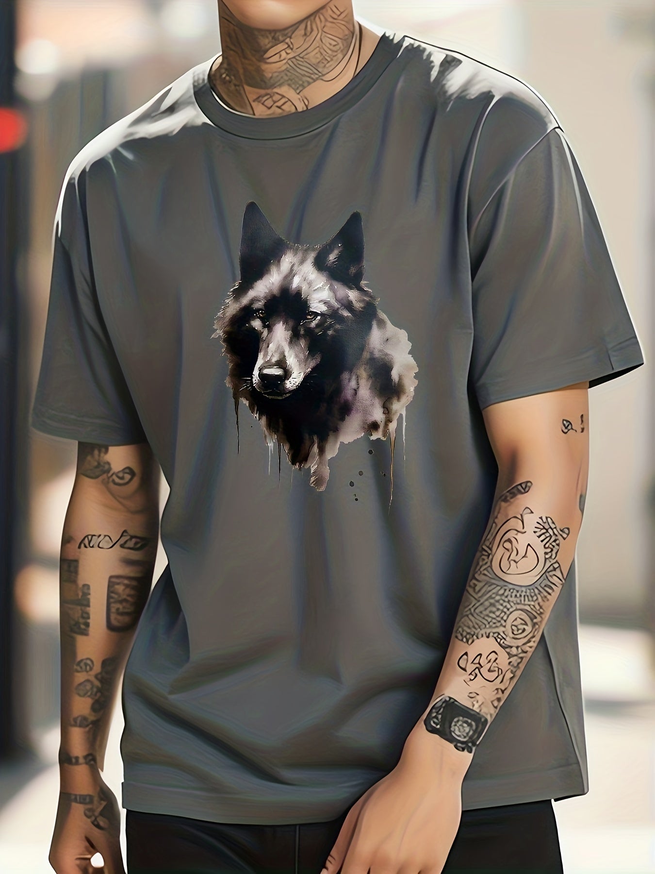 Cotton Wolf Painting Print Men's Graphic Crew Neck T-shirt